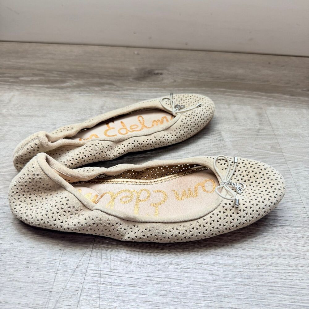 Sam Edelman Women's Felicia Flat Size 7 Cream Tan Suede Perforated Ballet Shoe - Picture 3 of 8